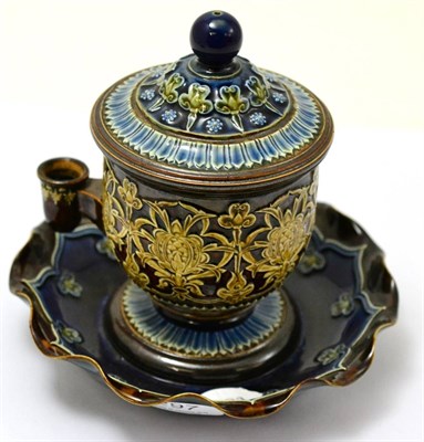 Lot 297 - A Doulton Lambeth Isobath inkwell, domed cover, all with applied decoration, in blues and brown...