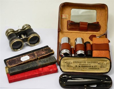 Lot 312 - A cased pair of cut throat razors, five other razors, a pair of Jockey Club glasses and a cased...