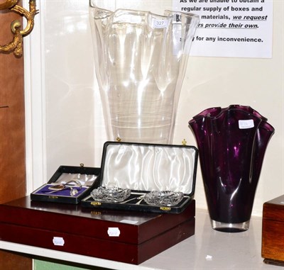 Lot 327 - Two modern glass vases, canteen of plated cutlery, baby feeding spoon and glass butter dishes...