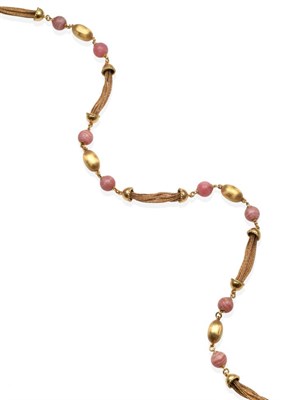 Lot 227 - An 18 Carat Gold Rhodochrosite Bead Necklace, round rhodochrosite beads spaced by brushed...