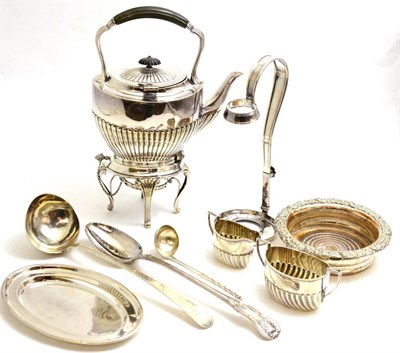 Lot 338 - A collection of silver and plate including a good Victorian silver toddy ladle with barley...