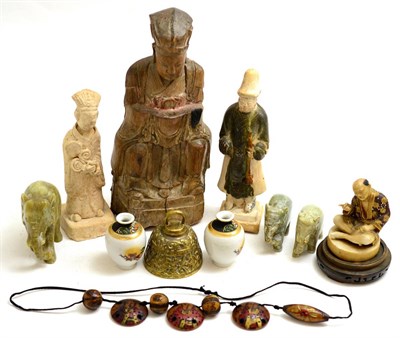 Lot 340 - A group of Oriental items including: carved green hard stone elephant models, Satsuma figure of...