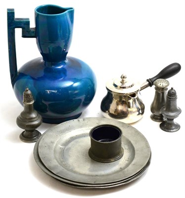 Lot 341 - A Dunmore pottery ewer after Christopher Dresser, a silver plated brandy warmer and pewter etc