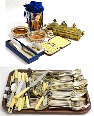 Lot 342 - A large quantity of silver plated flatware together with a silver plated bottle holder, pair of...