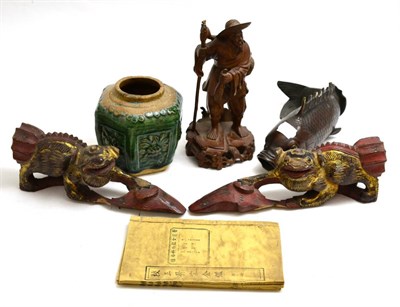 Lot 347 - A group of Oriental items including a pair of carved painted and gilded mounts in the form of...