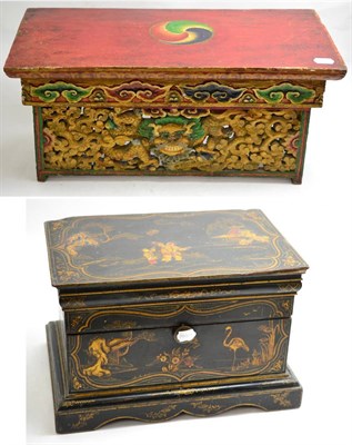 Lot 368 - A Japanned lacquered ballot box, the hinged cover fitted to the sides with further hinged...