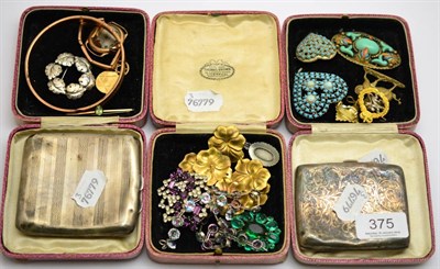 Lot 375 - Two silver cigarette cases, Danish silver brooch, two 9ct gold pendants, bar brooch set with...