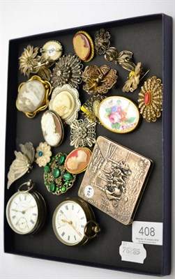 Lot 408 - A quantity of costume jewellery brooches, two silver pocket watches and a Continental white...