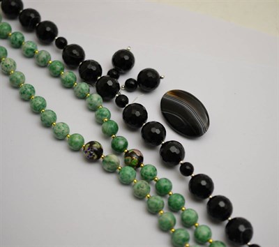 Lot 410 - A banded agate necklace, earrings and brooch, a jade type necklace with cloisonné beads and...