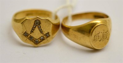 Lot 413 - An 18ct gold diamond set masonic ring and a signet ring (2)