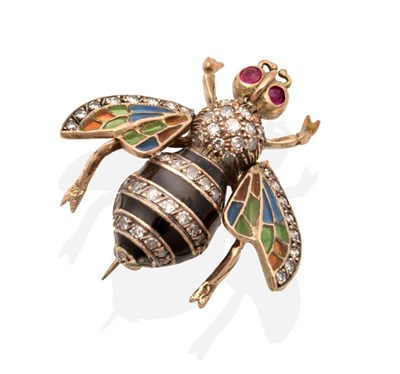 Lot 244 - A Plique a Jour Enamel, Ruby and Diamond Bee Brooch, realistically modelled with ruby set eyes,...