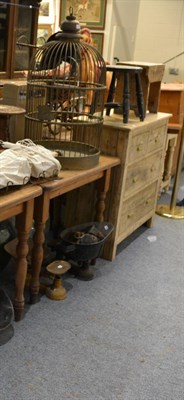 Lot 1007 - Group including pine chest of drawers, two pine stools, pine table, doll's pram, painted...