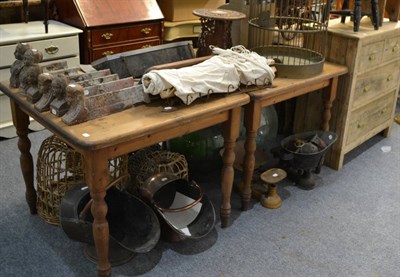 Lot 1009 - Group including two square pine tables, bird cage, hammock, vintage signs, till, two carboys,...