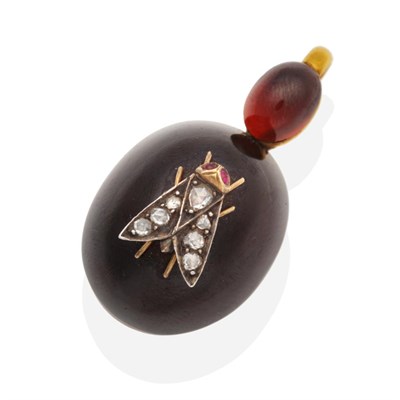 Lot 249 - A Victorian Garnet and Diamond Pendant, an oval cabochon garnet with an applied fly, with rose...