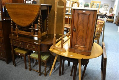 Lot 1021 - Oak gate leg table, reproduction sideboard, two stools, towel tail, marble top pot cupboard,...