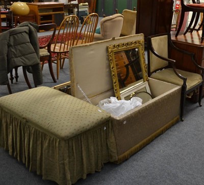 Lot 1037 - Two ottomans, three mirrors, open armchair and a pair of rosewood balloon back dining chairs