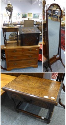 Lot 1042 - Three height chest of drawers, carved oak coal box, oak stool, cheval mirror, oak low table and...