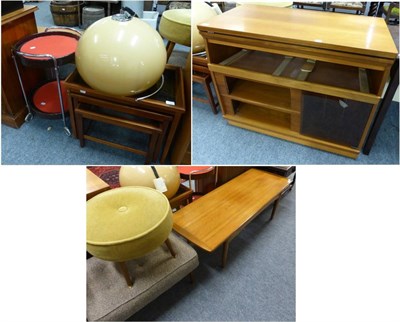 Lot 1043 - Two tier 1960's chrome trolley, 1970's ceiling light, nest of three glass top tables, teak...