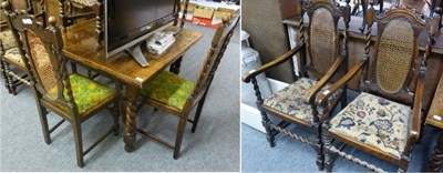 Lot 1047 - A 1920's oak draw leaf dining table in 17th century style, together with six matching cane...