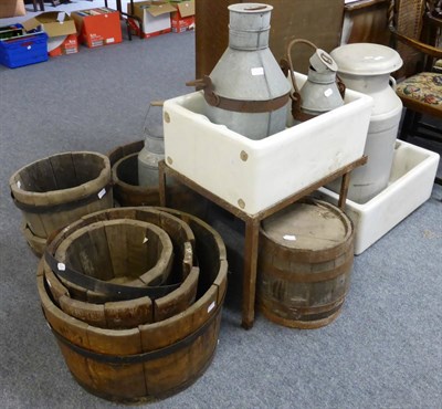 Lot 1048 - Group of coopered oak half barrel planters, four aluminium milk churns, two Belfast sinks etc