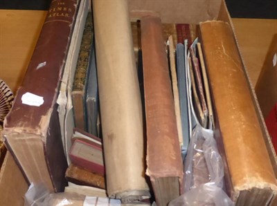 Lot 1067 - A box of books including atlases, historical reference, art reference, drawing room scrapbooks,...