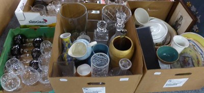 Lot 1072 - Three boxes containing a quantity of ceramics, glass including hock glasses, decanters, jugs,...