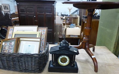 Lot 1094 - A quantity of cricket cigarette cards, prints, ceiling oil lamp, tripod table and a black slate...