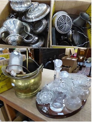 Lot 1105 - A group of white metal and silver plated wares including hot water urn, entree dishes, etc., a...