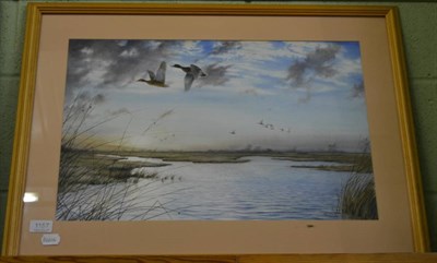 Lot 1157 - O.Williams, Ducks in flight over a pond, signed, watercolour