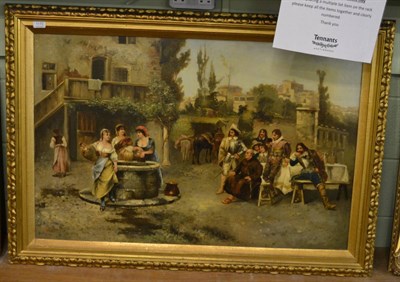 Lot 1170 - F Bach (19th century) Mediterranean women gathering water from a fountain with seated cavaliers...