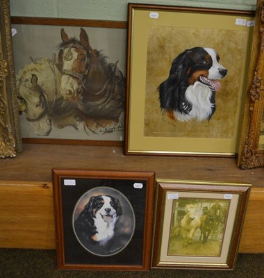 Lot 1172 - Richard Whittlestone, ";Banzo";, signed, mixed media, together with a print of shire horses...