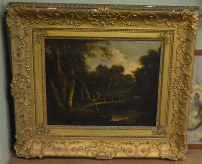 Lot 1173 - British School (late 18th century) a figure and a dog on a bridge in a landscape, oil on canvas