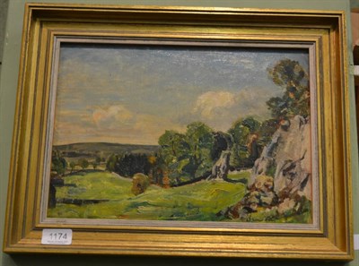 Lot 1174 - Reginald Grange Brundrit RA, ROI (1883-1960) ";Wharfedale";, signed, oil on canvas board, 24.5cm by