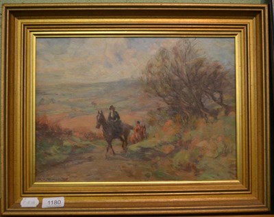 Lot 1180 - D J Robertson, (English School), Figures riding on a country lane, oil on board, signed