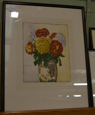 Lot 1181 - Edgar Holloway (1914-2008) Chrysanthemums, signed in pencil, woodblock print, 27cm by 21cm