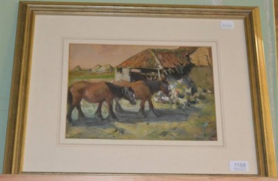 Lot 1188 - David Robertson, horses in a farmyard, watercolour, signed, framed and glazed