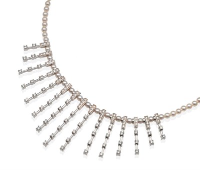 Lot 273 - An 18 Carat White Gold Cultured Pearl and Diamond Necklace, the front with graduated diamond...