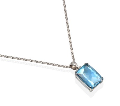 Lot 282 - An 18 Carat White Gold Aquamarine and Diamond Pendant on Chain, a cushion cut aquamarine in a...