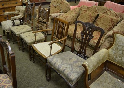 Lot 1278 - An Edwardian tub armchair, mahogany dining chair, Edwardian inlaid open armchair and a pairof...