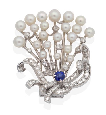 Lot 286 - A Cultured Pearl, Sapphire and Diamond Brooch, a fan of vari-sized cultured pearls to 'stems'...