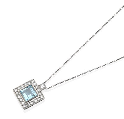 Lot 287 - An Aquamarine and Diamond Pendant, on Chain, a square cut aquamarine within a border of round...