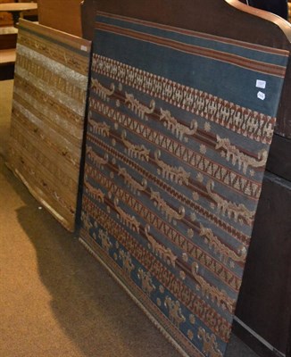 Lot 1337 - Two tribal woollen weavings mounted on board