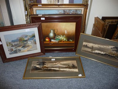 Lot 1344 - A group of framed articles including a quantity of modern acrylics on canvas, prints, woolwork...