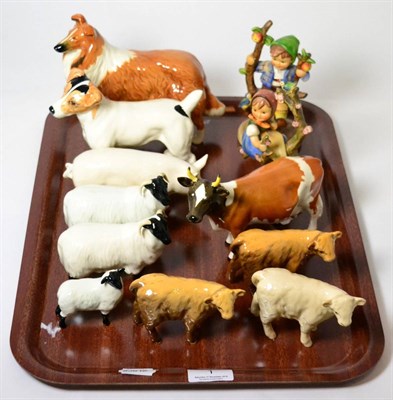 Lot 1 - Beswick figures including: Ayrshire Cow, calves, sheep, pig, Collie 'Lochinvar of Ladypark' and...