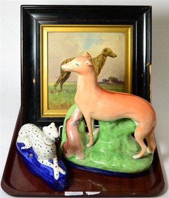 Lot 10 - A tile painted with greyhound 'Fullerton' Waterloo cup winner; together with Staffordshire...