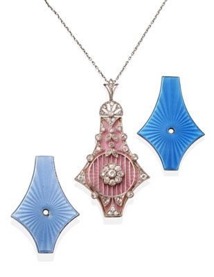 Lot 294 - A Belle Epoque Diamond and Enamel Pendant Necklace, with Three Interchangeable Guilloche Enamel...