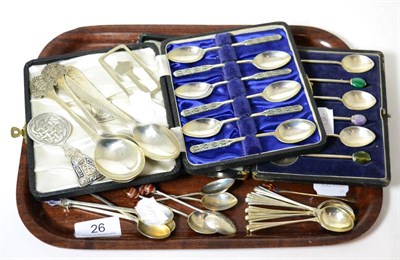 Lot 26 - Two cased sets of six silver teaspoons, a caddy spoon marked Sterling with Celtic design,...