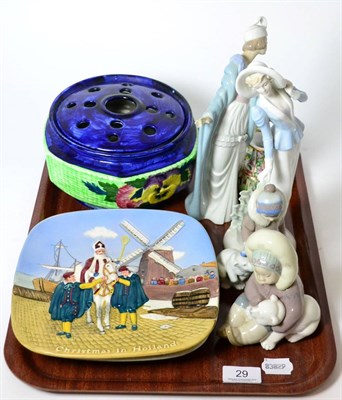 Lot 29 - Two Lladro figures, Ringtons pansy flower holder, two Beswick plates and two Canton miniature china