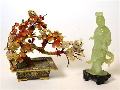 Lot 31 - A Chinese green hardstone figure on stand together with an agate tree on cloisonne stand