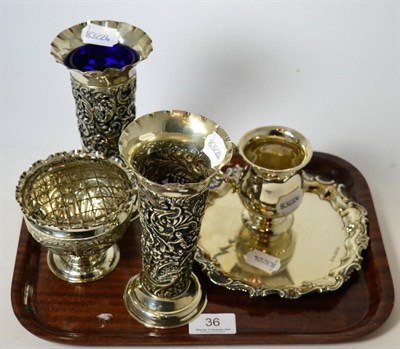 Lot 36 - A miscellaneous collection of silver comprising a pair of vases, by WCJL, London 1898, (one...